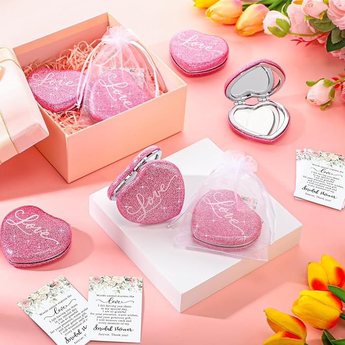 12 Sets Bridal Shower Favors for Guests Include Pink Heart Compact Mirrors Bulk Thank You Cards and Organza Bags Bridal Shower Thank You Gifts Wedding Souvenirs for Bridesmaid