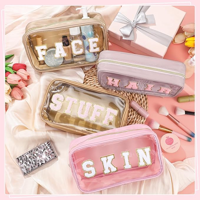 Pinkunn 4 Pcs Preppy Makeup Bags Christmas Chenille Letter Bag Face Skin Hair Stuff Cosmetic Bag Corduroy Makeup Pouch with Zipper Birthday Gifts for Women(Pink)