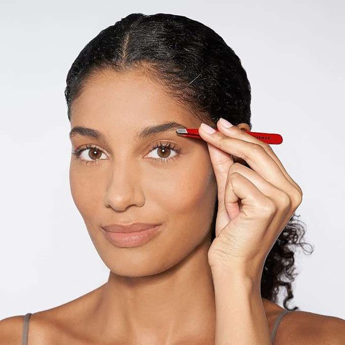 Tweezerman Stainless Steel Slant Tweezer - Eyebrow Tweezers for Women and Men (Signature Red)