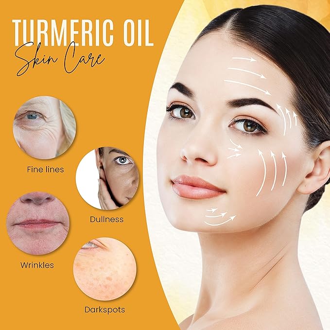 Organic Turmeric Oil for Skin Lightening - Turmeric Face Oil for Dark Spots, Anti-Aging & Hydrating Dry Skin - Glow Moisturizer for Face, Neck & Eyes (4 FL OZ / 60 ML)