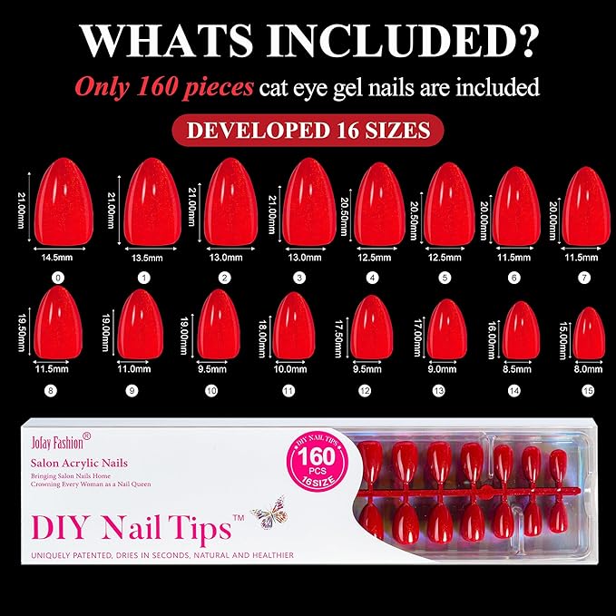 Christmas Fiery Red Press on Nails Set, 160Pcs Short Almond Fake Nails with Fine Glitter Glossy Acrylic False Nails Reusable Full Cover Stick on Nails for Women, 32 Sizes Thicker
