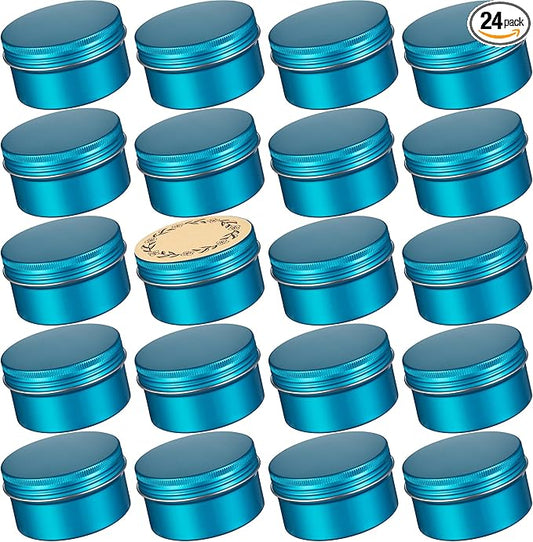 24 Pack 4oz Screw Top Aluminum Tin Jars with Screw Lids and Blank Labels - Refillable 120ml Metal Containers for Lip Balms, Candles, Salves, Spices, Crafts (Lake Blue)