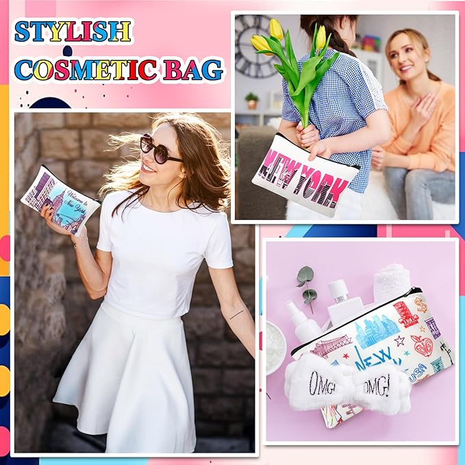 24 Pieces Makeup Bags Bulk Canvas Cosmetic Bags Purse Organizer Zipper Cosmetic Pouch Portable Travel Toiletry Pouch for Women Men Gifts, 7 x 4 Inch (New York)