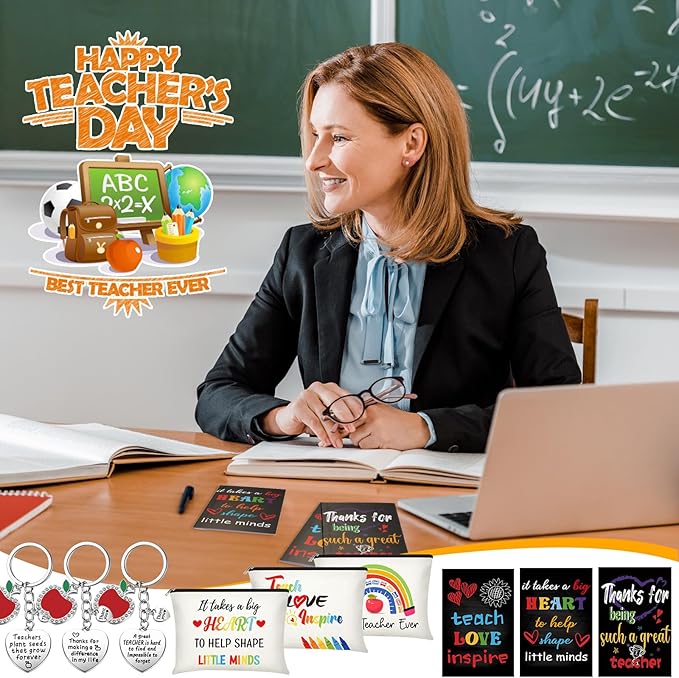 24 Pieces Women Teacher Appreciation Thank You Gift Set, Socks, Makeup Bags, Inspirational Notepads, Keychains for Christmas(Stylish)