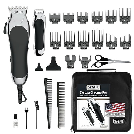 Wahl Clipper USA Deluxe Corded Chrome Pro, Complete Hair and Trimming Kit, Includes Corded Clipper, Cordless Battery Trimmer, and Styling Shears, for a Cut Every Time - Model 79524-5201M