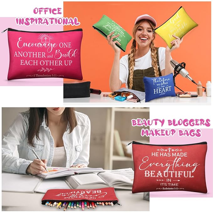 24 Pcs Christian Makeup Bag Bible Cosmetic Bags Inspirational Bible Verse Toiletry Pouches Canvas Motivational Pouches with Zipper for Women Organize Cosmetics Toiletries Stationery(Colorful)