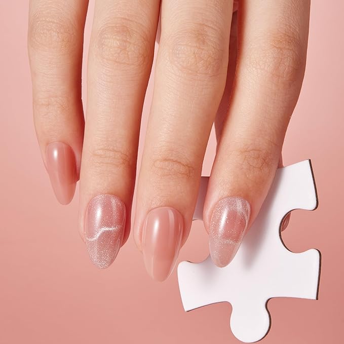 VSALON 42 Count Almond Press-On Nails, 32 PCS Pink French Tip & Cat Eye Nails, 2 Sets of 21 PCS Each, Full Well Tips, Plastic Material, False Nails, Up to 28 Days Wear, UV Glue Included