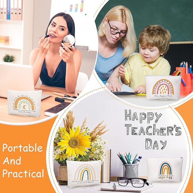 Fumete 20 Pcs Teacher Appreciation Gift Inspirational Rainbow Makeup Bag Rainbow Silicone Keychains Bulk Quotes Zipper Canvas Cosmetic Bag End of the Year Gifts for Teacher Graduation