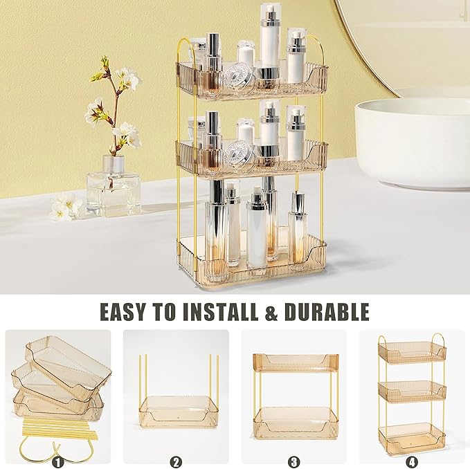 Bathroom Counter Organizer Countertop Storage Skincare Countertop Makeup Organizer Cosmetics Skincare Organizers Holder for Perfume-Amber-Golden Pole-3 Tier