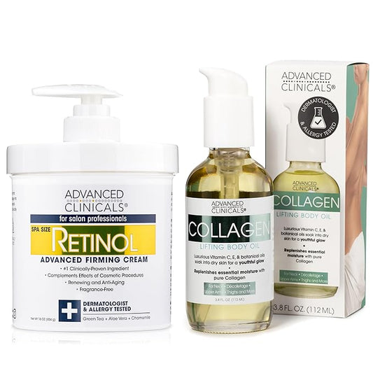 Advanced Clinicals Retinol Body Lotion + Firming Collagen Body Oil 2pc Set | Fragrance Free Retinol Cream Face Moisturizer + Collagen Massage Body Oil | Crepey Skin Care Treatment, 2pc Bundle