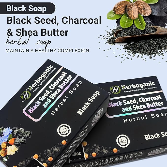 Black seed Charcoal and Shea butter Herbal Soap | Pack of 6 of 5oz soap Bar | Ideal for Men and Women, Soothing and Nourishing Soap for Moisturization