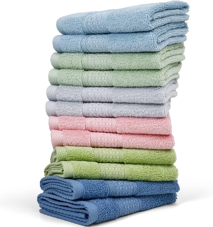 Cleanbear Wash Cloths Soft Bathroom Washcloths for Body and Face, Wash Cloth with Assorted Colors Bulk Face Cloths 13 by 13 Inches (12 Pieces 6 Colors)