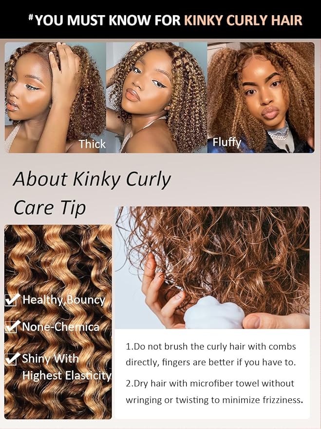 5×5 Kinkycurly Highlight Ombre and Brown Bob Wig Human Hair Glueless Wigs Human Hair Pre Plucked Pre Cut Short Curly Free Part Honey Blonde Hd Lace Closure Wigs Human hair for Black Women 12 Inch