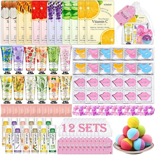 108 PCS Spa Party Supplies for Women, Spa Party Favors Include Face Masks Skincare, Hand Cream, Lip Balm, Under Eye Patches, Lip Mask and Foot Bath Bombs, Spa Birthday Sleepover Party Supplies