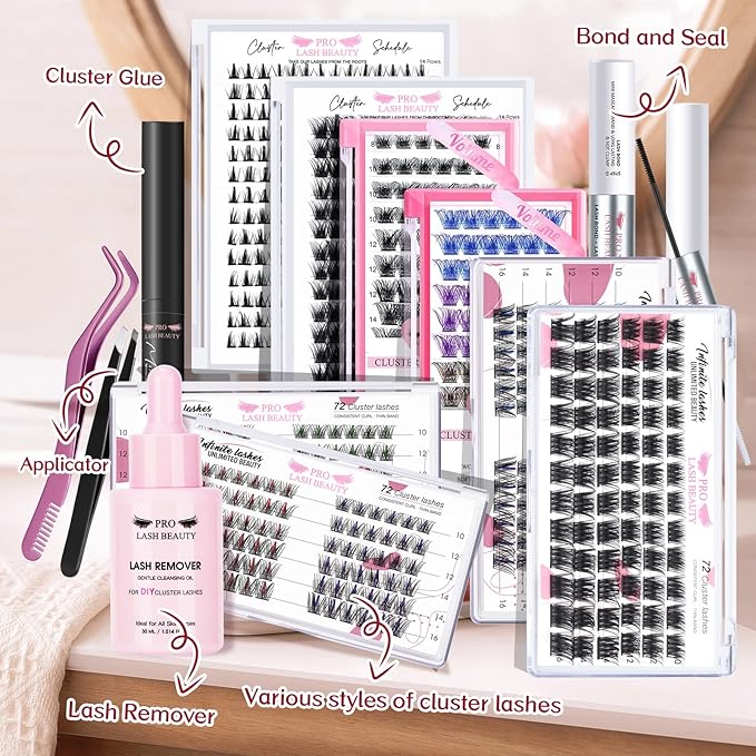 PRO LASHBEAUTY Cluster Lashes, 72 Pcs Individual Lashes, DIY Eyelash Extension, Super Thin Band Reusable Soft & Comfortable (Black, Treasure-D-14mm)