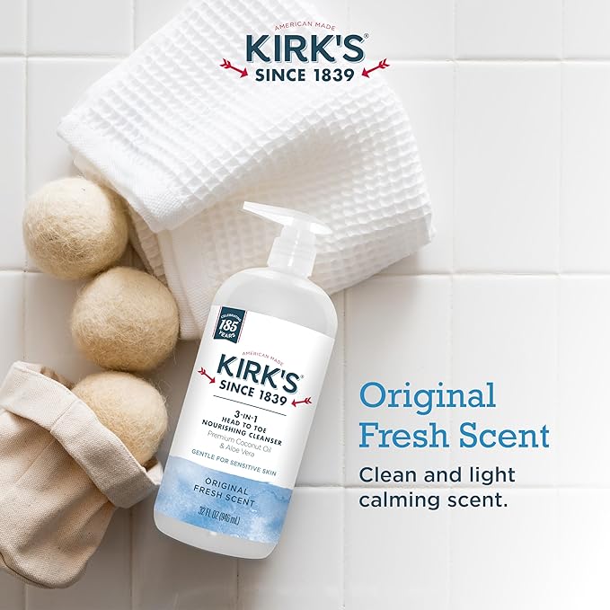Kirk's 3-in-1 Head to Toe Nourishing Liquid Cleanser & Travel Size Bar Soap - for Men, Women & Children - Premium Coconut Oil and Aloe Vera- Non GMO & Vegan -Original Fresh Scent - 32 Fl Oz. 2 pack