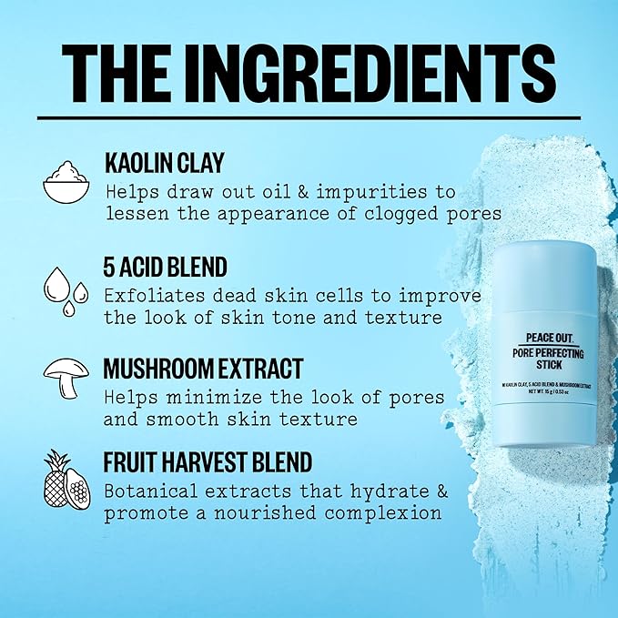 PEACE OUT Pore Perfecting Stick Acne Solution & Blackhead Remover, Glycolic Acid & Salicylic Acid Cleanser, Works Like a Face Wash, Skincare Facial Cleanser & Exfoliating Facial Scrub, 15g /0.53oz