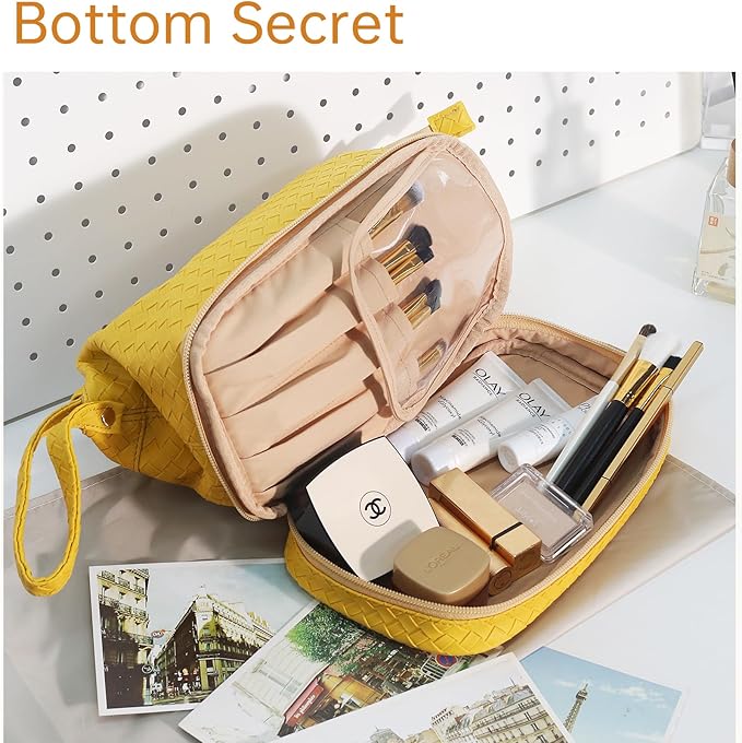 Abiudeng Large Capacity Makeup Bag Ladies Cosmetic Bag Travel Bag with Compartments Portable PU Leather Travel Makeup Bag with Handle