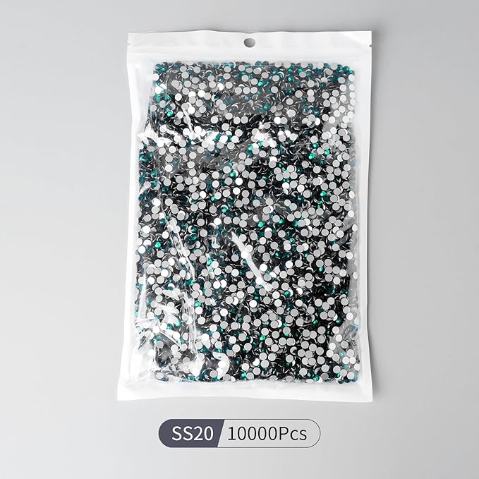 10000PCS Emerald Rhinestones Bulk, Flat Back Crystal Glass Stone Round Gems,SS20, 4.6-4.8mm