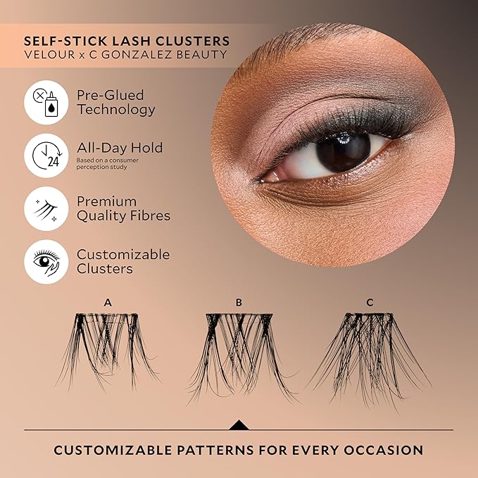 Velour x CGonzalez Beauty Self-Stick Lash Clusters, Self Adhesive Eyelashes, Includes 18 Eyelash Clusters, Comfortable & Lightweight Lash Extension Cluster