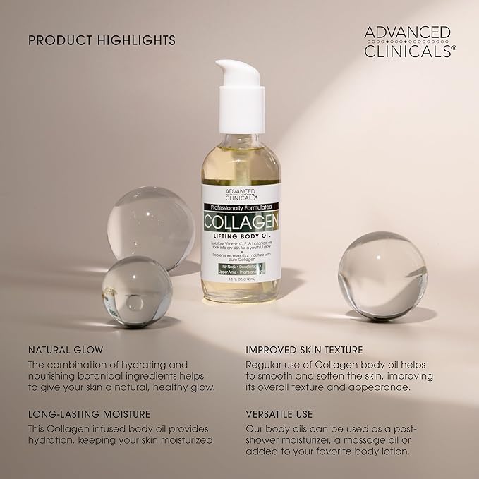 Advanced Clinicals Collagen Lifting Body Oil + Vitamin C Brightening Body Oil Moisturizer Skin Care Set - Nourishing, Brightening, & Firming Body Oil To Improve Look Of Sagging Skin, 2PC Bundle