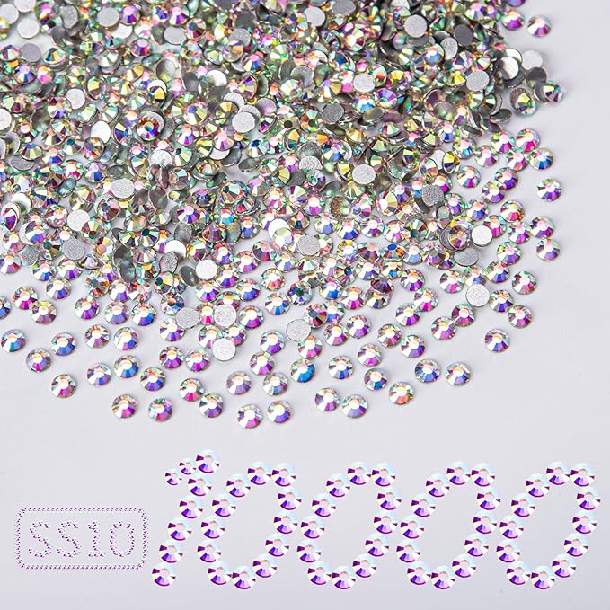 10000PCS Crystal AB Rhinestones Bulk, Flat Back Crystal Glass Stone Round Gems,SS10, 2.7-2.9mm