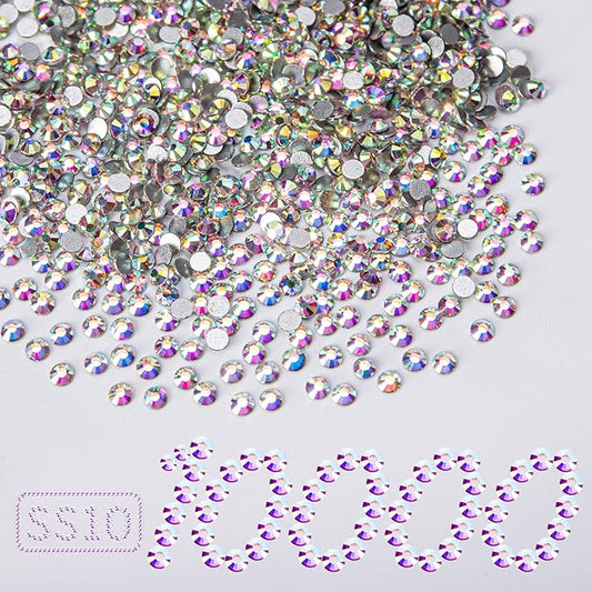 10000PCS Crystal AB Rhinestones Bulk, Flat Back Crystal Glass Stone Round Gems,SS10, 2.7-2.9mm