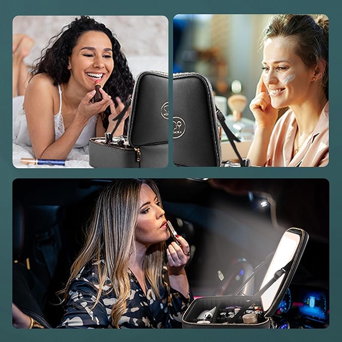 MOMIRA Travel Makeup Bag Cosmetic Bag Makeup Organizer Bag with Large Lighted Mirror 3 Color Scenarios Adjustable Brightness, Waterproof Makeup Travel Case, Large Makeup Train Case Toiletry Gift