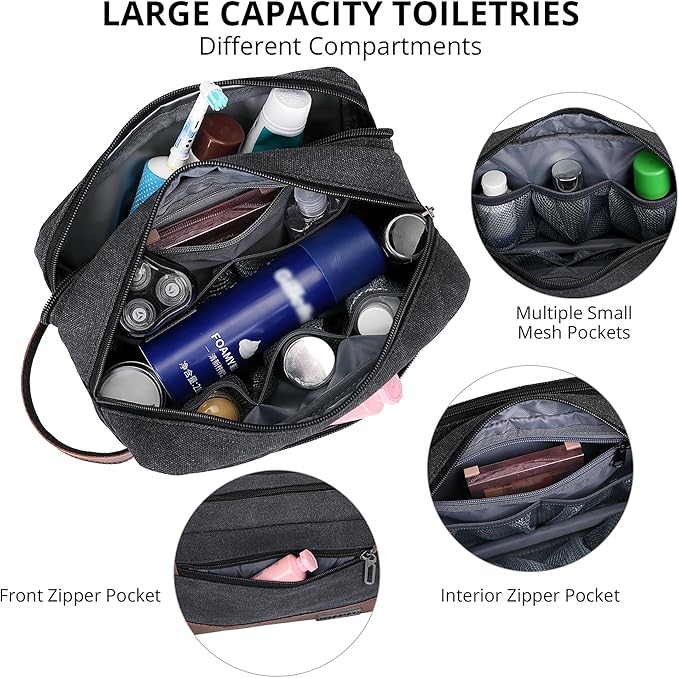 WITZMAN Canvas Toiletry Bag for Men Hanging Dopp Kit Organizer Water-resistant Travel Toiletries bag Men Bathroom Bag with Wet Pocket(A8001 Classics Black)