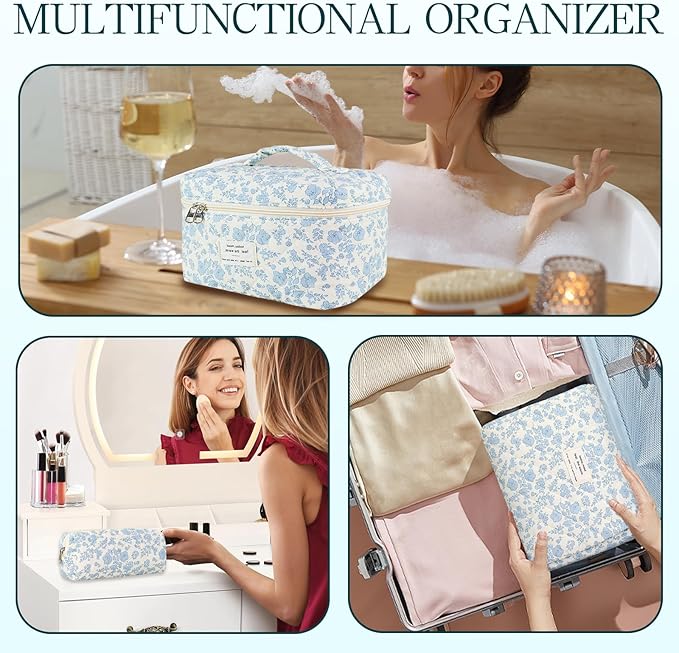 Makeup Bag, 3 PCS Quilted Makeup Bag, Cute Floral Cotton Cosmetic Bag set, Coquette Makeup Pouch Large Travel Toiletry Bag