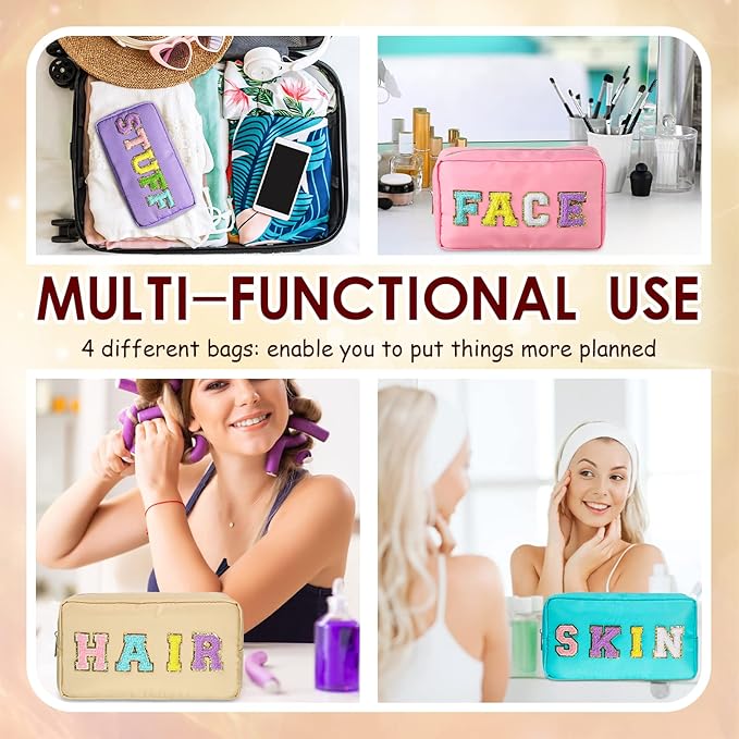 Remerry 4 Pcs Makeup Bag Travel Cosmetic Bag Organization Chenille Letter Toiletries Stuff Pouch Preppy Waterproof Gift for Women Girl Teen (Colorful,Face Skin Hair Stuff)