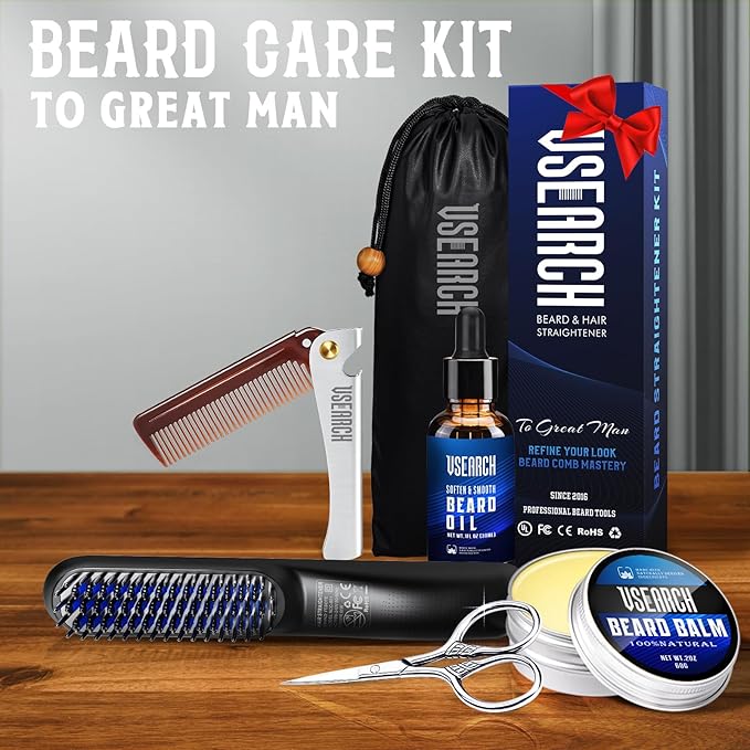Beard Straightener for Men - 5 Temperature Setting, Anti-scalding, Heated Beard Styling Comb- The Perfect Beard Grooming Kit for Medium to Long Beards - Ideal Father's Day Gift
