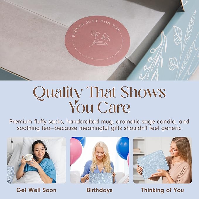 Unboxme Get Well Gift Box - USDA Organic Get Well Soon Self Care Package for Women | Fluffy Socks, Mug, Lemon & Ginger Tea Set, Sea Salt, Sage Scented Candle, Sending Hugs Card | Feel Better Basket