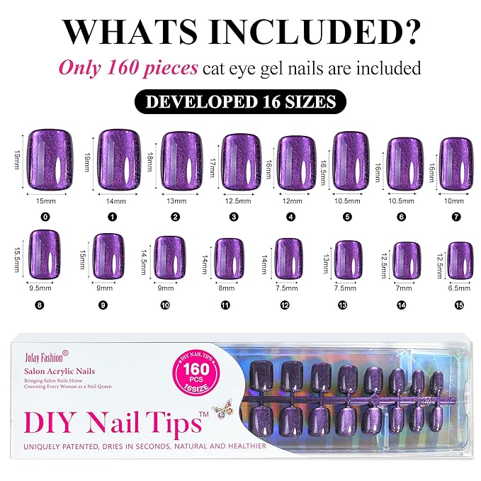 Cat Eye Press on Nails Kit- Milky Way Galaxy, Jofay Fashion Square Short Salon-Like Fake Nails with Deep Purple Glitter, Acrylic False Nails Reusable Full Cover Stick on Fake Nails for Women, 32 Sizes