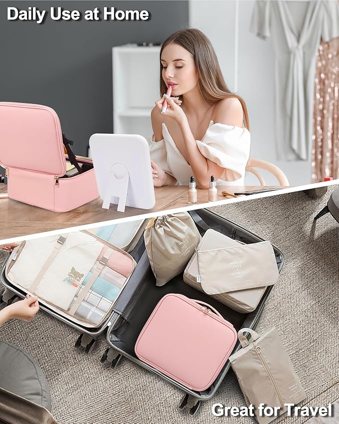 Chomeiu Makeup Bag with LED Mirror, Cute Cosmetic Bags Birthday Gifts for Girls Women, Makeup Train Case Artists Organizer Large Make Up Bags with Light Up Mirror 3 Color Lights, Pink