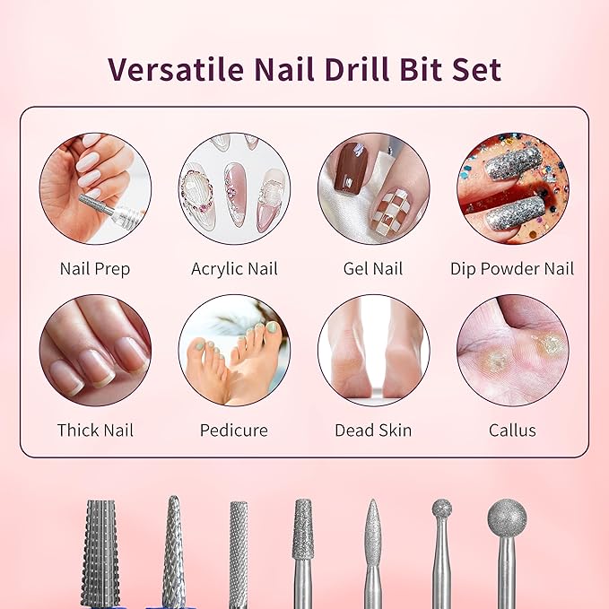 Delanie Professional Nail Drill Bit Set, 7 Pieces with Holder, Carbide and Diamond Bits, Model BS001
