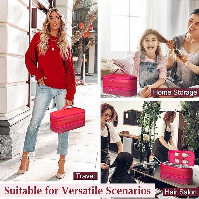 Travel Carrying Case for Shark Flex Style, Double Layer Hair Dryer Accessories Tools Storage Case, Waterproof PU Leather Organizer Bag for Shark Flexstyle/Dyson Airwrap Styler and Attachments (Pink)