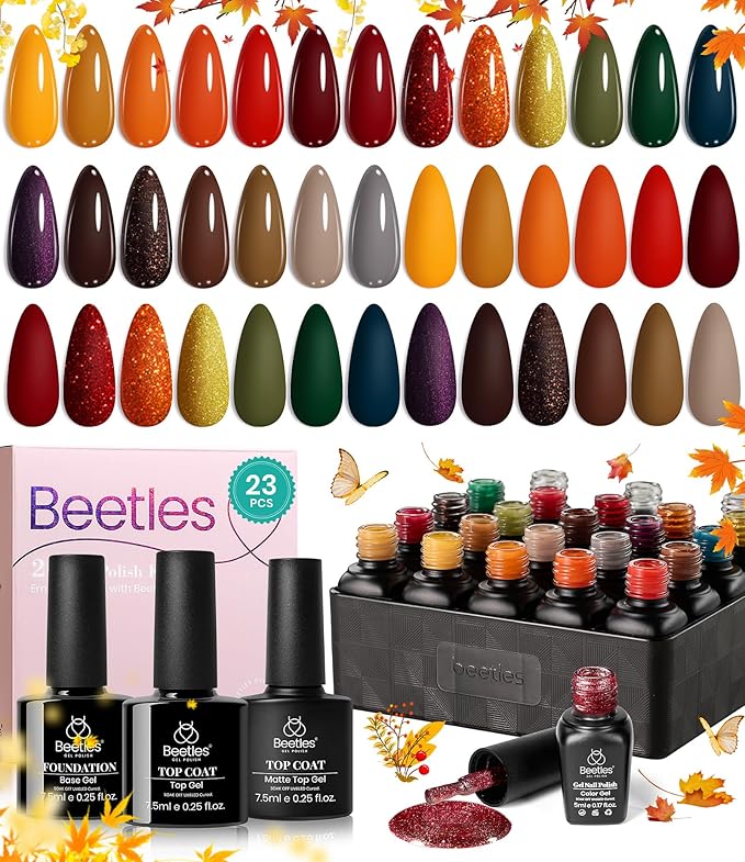 beetles Gel Polish Nail Set 20 Colors Cozy Campfire Collection Orange Yellow Green Brown Fall spring Gel Polish Set Soak Off Uv Lamp Need Base Glossy & Matte Top Coat Manicure Kit Gift for Girls