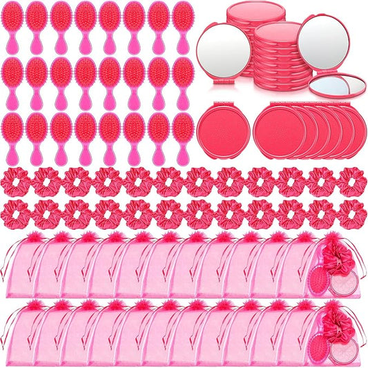 12 Set 12 Pcs Pink Girl Party Favors Kids Makeup Party Favor Pink Hair Brush Elastic Scrunchies Compact Cosmetic Mirror Organza Bags Hair Accessories for Girls Women