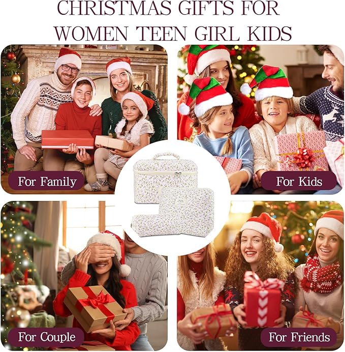 Makeup Bag, 3 PCS Quilted Makeup Bag, Cute Floral Cotton Cosmetic Bag set, Coquette Makeup Pouch Large Travel Toiletry Bag