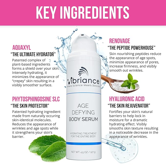 Vibriance Age Defying Body Serum, 4.5 fl oz - Anti Aging and Ultra Hydrating - Infused with Hyaluronic Acid - Fast-Absorbing Crepey Skin Corrector for Wrinkles, Dryness