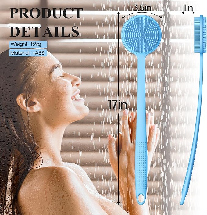 VWMYQ Silicone Back Scrubber for Shower, 17in Lengthen Long Handle Body Brush, Double Sided Shower Brush for Shower Exfoliating and Massage Can Produce Rich Foam, Long Handle Back Scrubber for Men