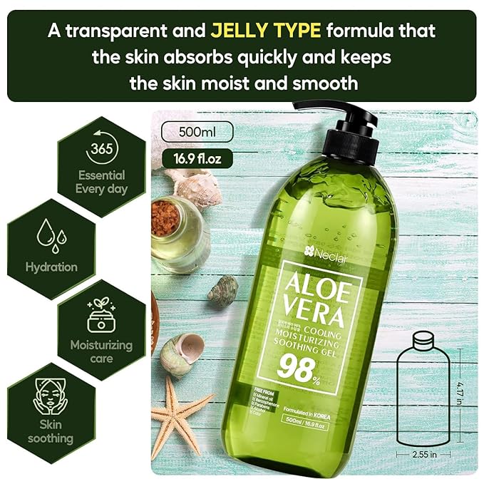 Aloe Vera Gel - for Sunburn Relief - Big 16.9 oz / 500ml - 98% Pure Aloe Vera - For Face, Skin and Hair - After Sun Care lotion - Sun Burn Moisturizer Cream (16.9 Fl oz)