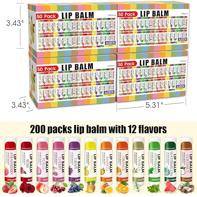 AZEN 200 Pack Lip Balm, Natural Lip Balm Bulk, Lip Care Product, Moisturizing Lip Balms for dry cracked lips - 12 Flavors