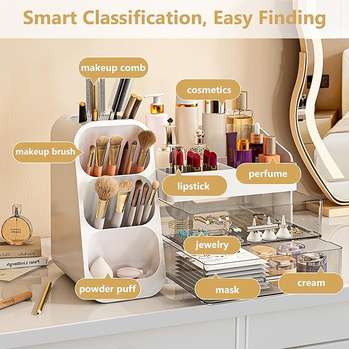 Makeup Organizer with Drawers – Large Cosmetic Storage Box for Vanity, Bathroom, or Bedroom, Perfect for Skincare, Brushes, Lipstick, Eyeshadow,and Beauty Essentials (White)