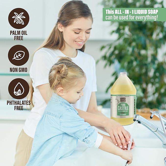 Pure Castile Soap Liquid Organic, Certified Palm Oil Free Natural Soap, Peppermint, 64 oz