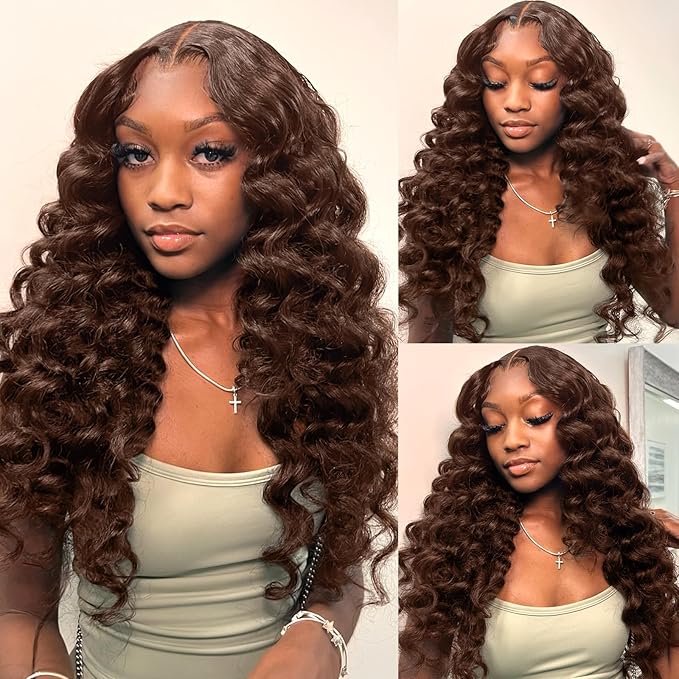 34 Inch Brown Loose Deep Wave Lace Front Wigs Human Hair For Women 180% Density 13x4 Chocolate Brown Hd Transparent Loose Wave Lace Frontal Wigs Human Hair Pre Plucked With Baby Hair