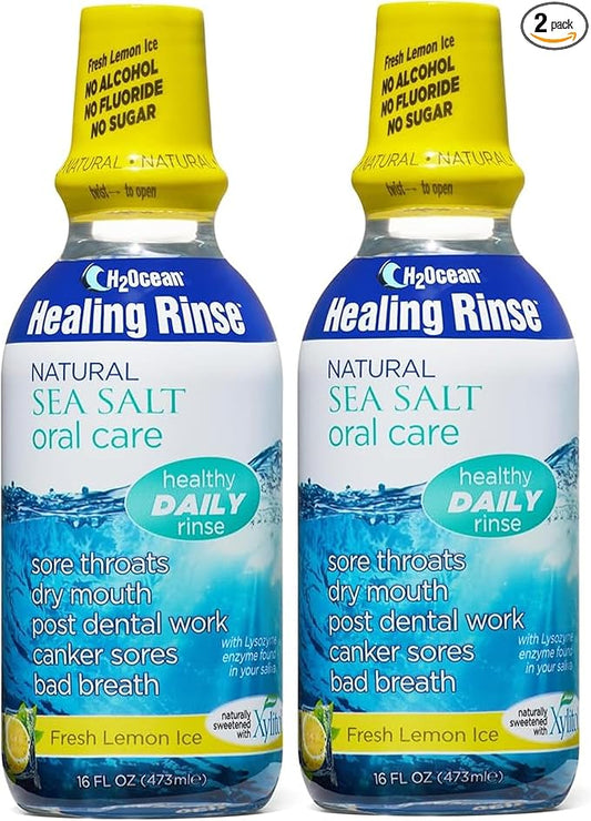 2 Pack H2Ocean Healing Rinse Mouthwash- Great Tasting Sea Salt & Xylitol Mouth Wash for Fresh Breath & Dry Mouth - Alcohol & Fluoride Free - Lemon Ice 16oz