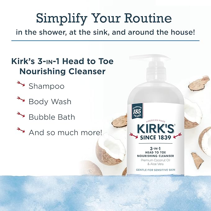 Kirk's 3-in-1 Head to Toe Nourishing Cleanser & Travel Size Bar Soap - for Men, Women & Children, Made with Premium Coconut Oil and Aloe Vera, Non-GMO & Vegan, Original Fresh Scent, 32 Fl Oz.