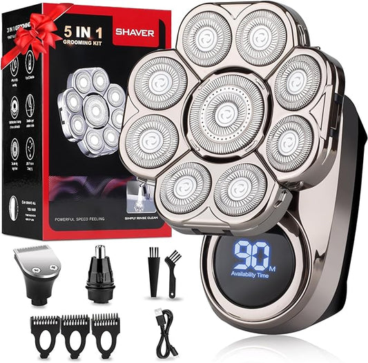 9D Head Shavers for Bald Men, Electric Razor for Men to Shave Fast with LED Display, Cordless Rechargeable, IPX7 Waterproof Wet/Dry Rotary Shaver Kit with Nose Hair Trimmer Shaver, Gift for Mens